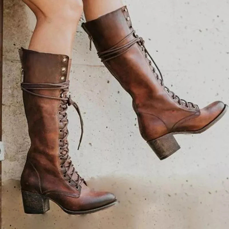 Black knee-high lace-up boots with side zipper for women, stylish and elegant from Lumina Wear's Isabella collection.