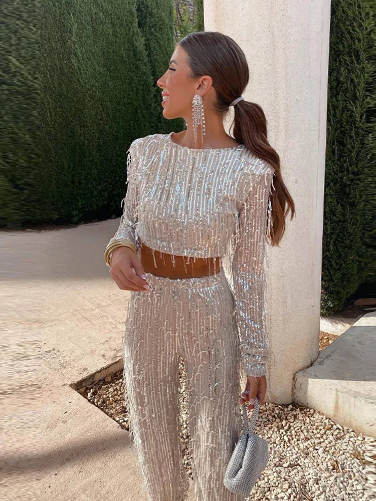 Isabella | Elegant Cropped Sequin Two Piece Set with Long Sleeves - Lumina 2