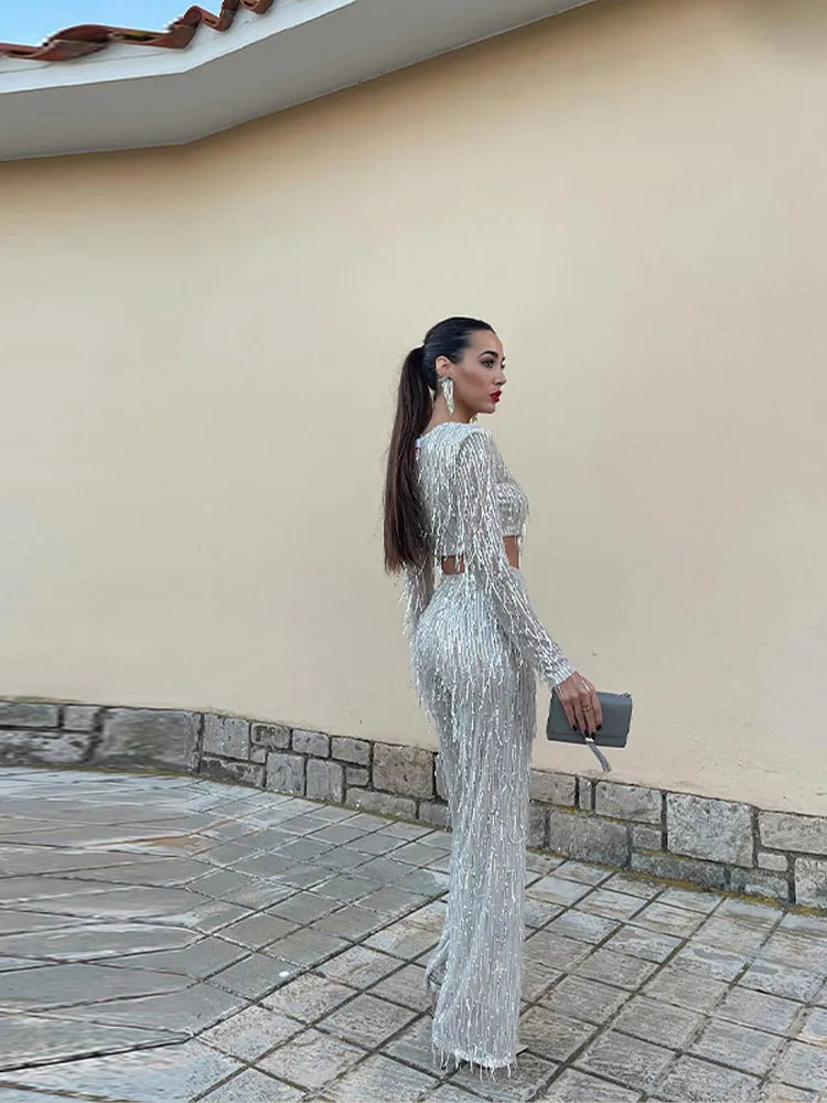 Isabella | Elegant Cropped Sequin Two Piece Set with Long Sleeves - Lumina 4
