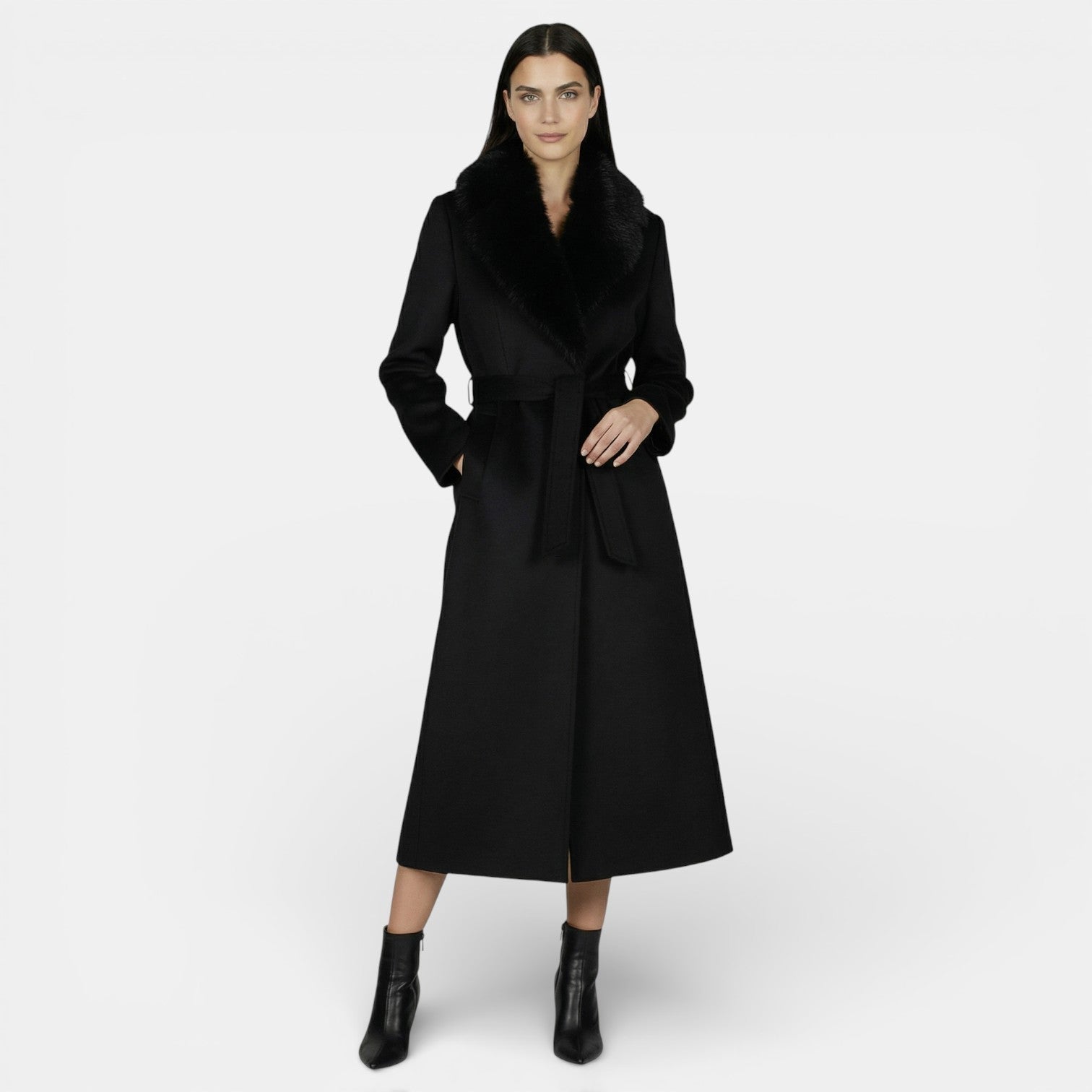 Elegant women's long wool coat with fur collar by Lumina Wear, showcasing a sophisticated design and plush collar detail.