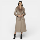 Lumina Wear Isabella long wool coat with a stylish fur collar, designed for women, shown in a close-up of the elegant outerwear.