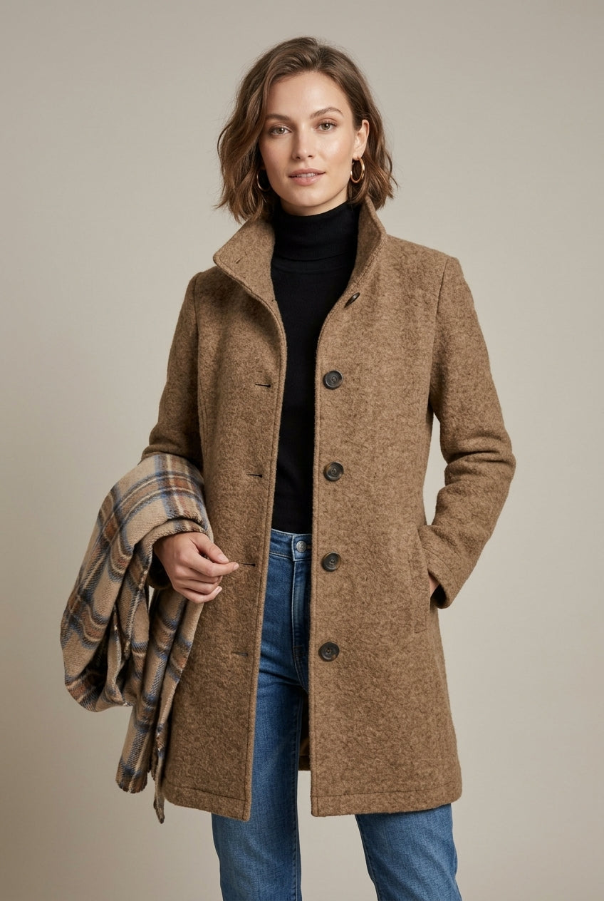 Elegant women's wool coat with notch collar and button front by Lumina Wear, mid-length style perfect for sophisticated outerwear.