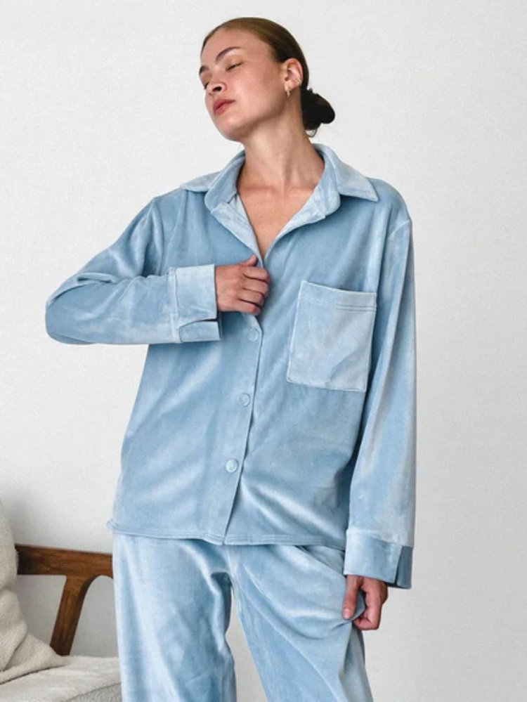 Elegant Solange wide-leg pajama set with notch collar in soft sleepwear fabric by Lumina Wear, shown in a full-length image.
