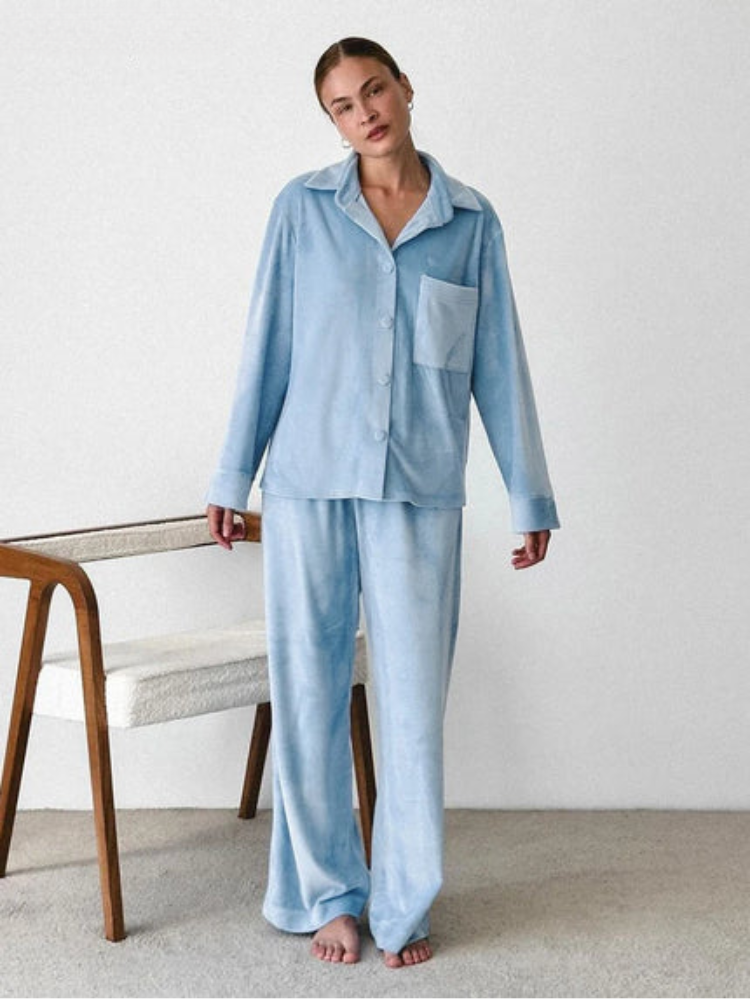 Isabella wearing Lumina Wear Solange elegant notch collar wide leg pajama set, featuring a stylish sleepwear design and comfortable fit.