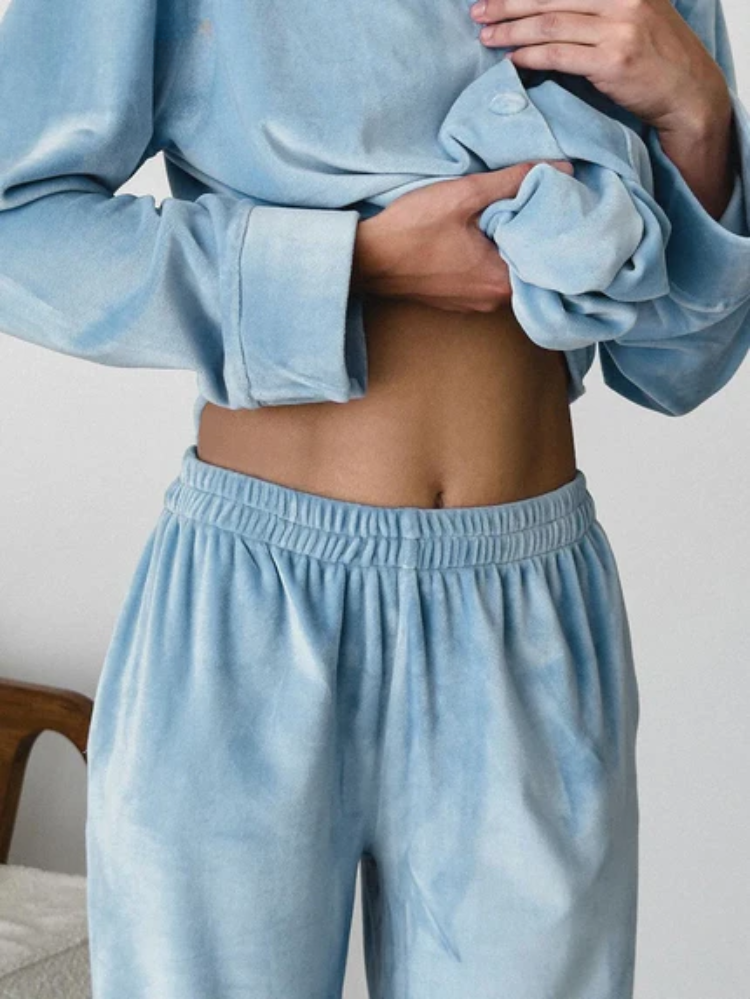 Elegant Solange Lumina Wear pajama set with notch collar and wide-leg pants, perfect for comfortable sleepwear.