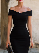 Isabella | Elegant Off-the-Shoulder Black Midi Dress with Structured Overlay - Lumina 1