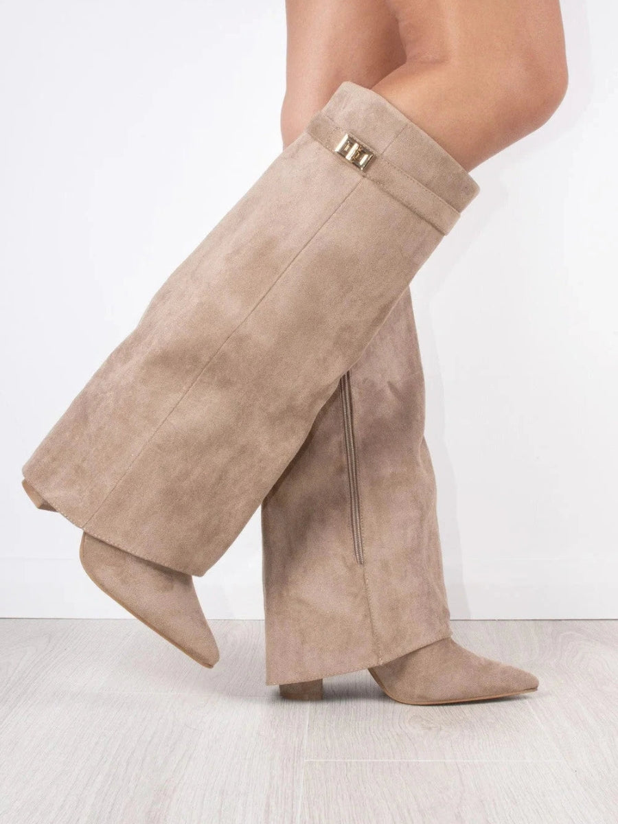Black knee-high boots for women with pointed toes and side zippers by Lumina Wear in the Isabella collection.