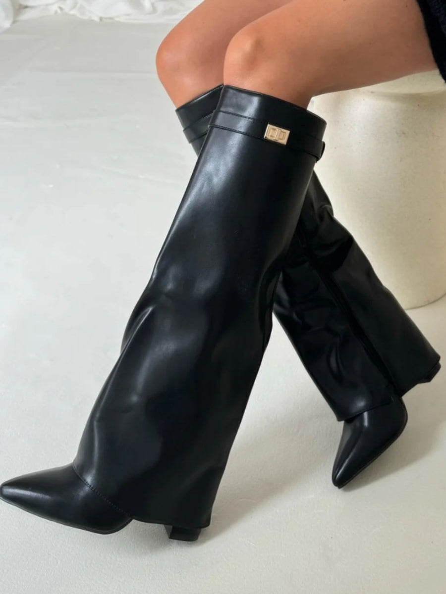 Black pointed toe knee high boots for women with side zipper from Lumina Wear, featuring an elegant design.