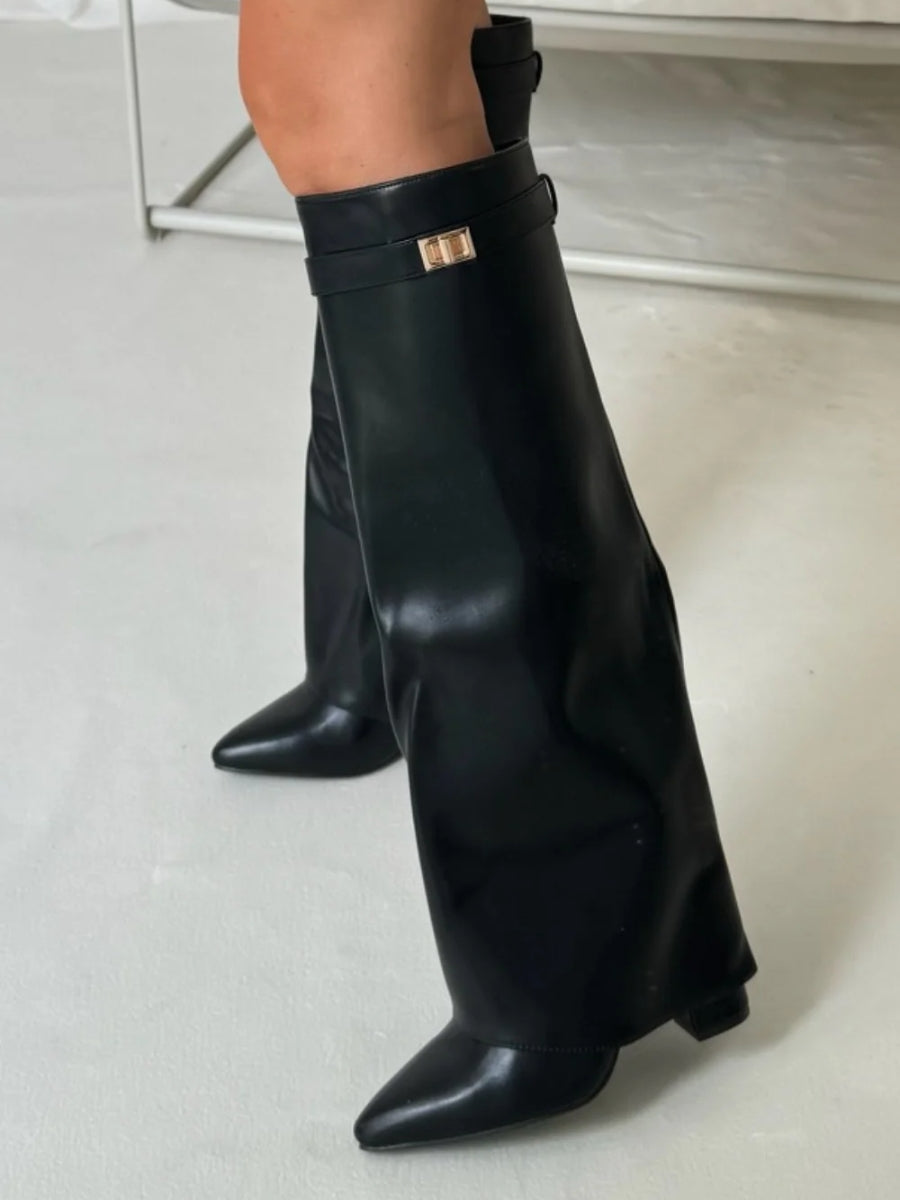 Black knee-high boots for women featuring a pointed toe and side zipper from Lumina Wear's Isabella collection