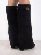 Lumina Wear Isabella black knee-high boots with pointed toes and side zippers, stylish women's footwear with a sleek design.