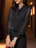 Lumina Wear Isabella elegant ruffle blouse with graceful sleeves, lightweight fabric, and feminine design for stylish casual wear.
