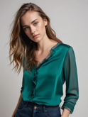 Lumina Wear Isabella elegant ruffle blouse with graceful sleeves, featuring delicate ruffle details and stylish feminine design.