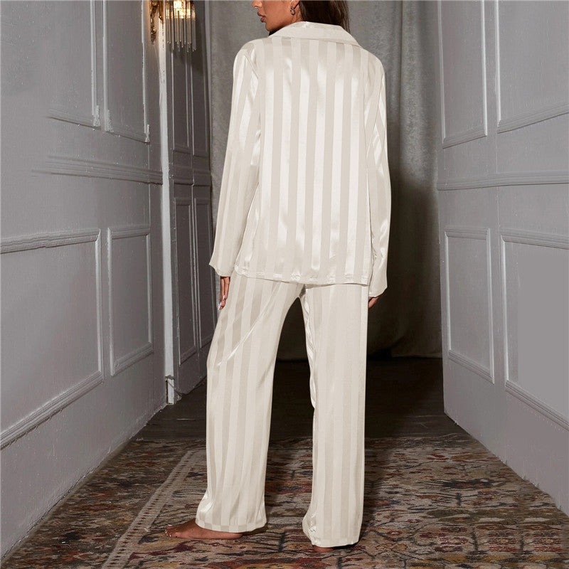 Isabella | Elegant Satin Stripe Pajama Set with Button Front & Wide Leg Pants - Lumina 12