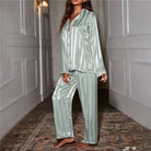 Isabella | Elegant Satin Stripe Pajama Set with Button Front & Wide Leg Pants - Lumina 2