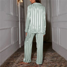 Isabella | Elegant Satin Stripe Pajama Set with Button Front & Wide Leg Pants - Lumina 7