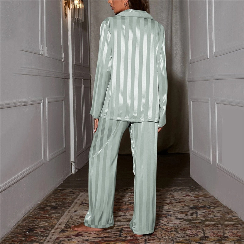 Isabella | Elegant Satin Stripe Pajama Set with Button Front & Wide Leg Pants - Lumina 7