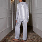 Isabella | Elegant Satin Stripe Pajama Set with Button Front & Wide Leg Pants - Lumina 8