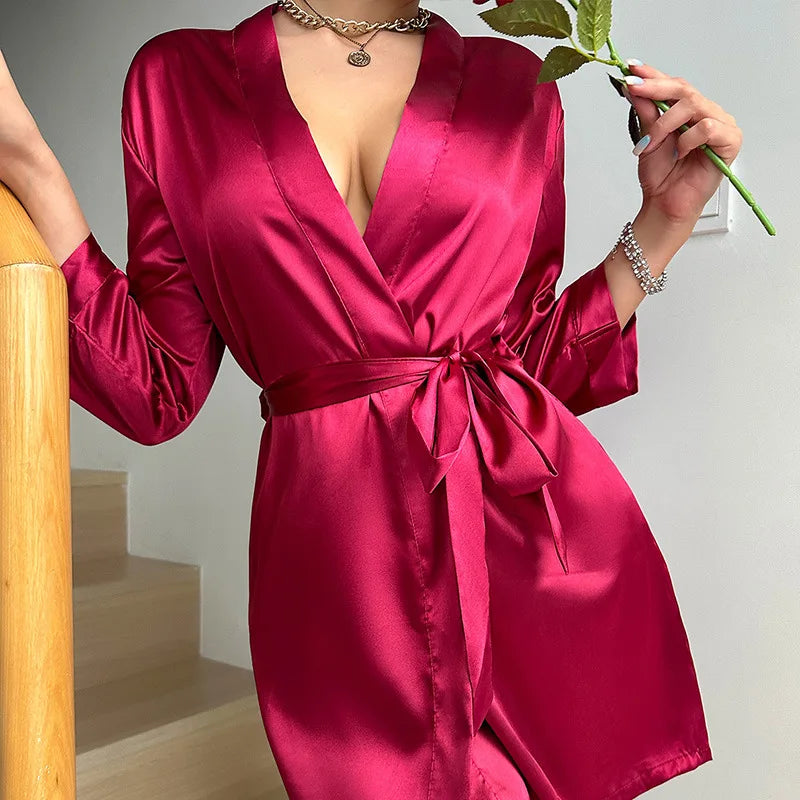 Elegant silk kimono robe by Lumina Wear with V-neck, self-tie belt, and flowing design, perfect for luxurious sleepwear.