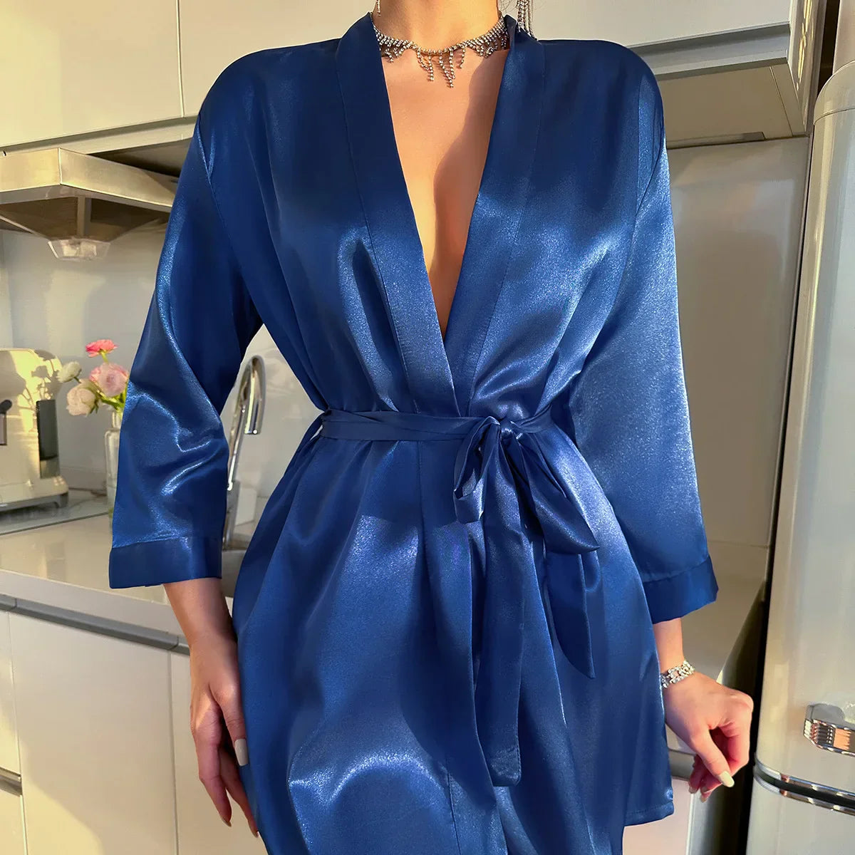 Isabella | Elegant Silk Kimono Robe with V-Neck and Self-Tie Belt - Lumina 3