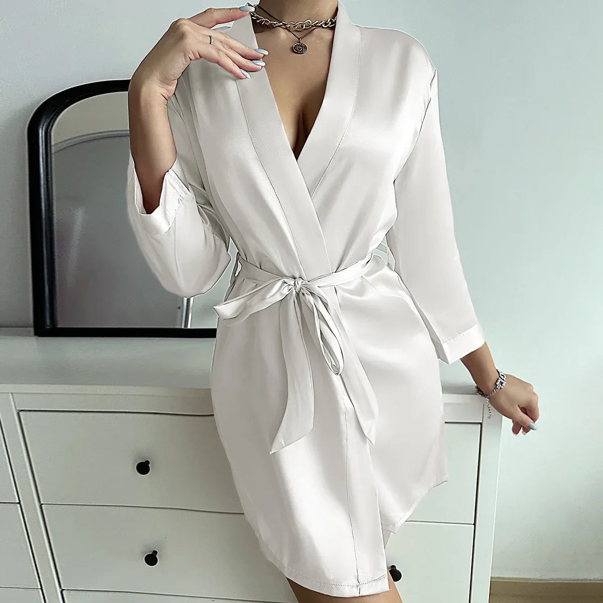 Isabella | Elegant Silk Kimono Robe with V-Neck and Self-Tie Belt - Lumina 5