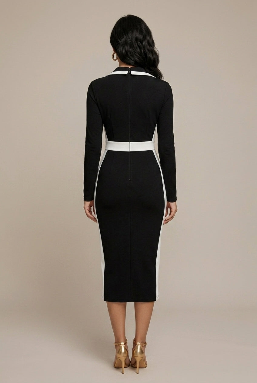 Elegant Lumina Wear Isabella women's bodycon midi dress with lapel collar, tailored fit, and sophisticated design.