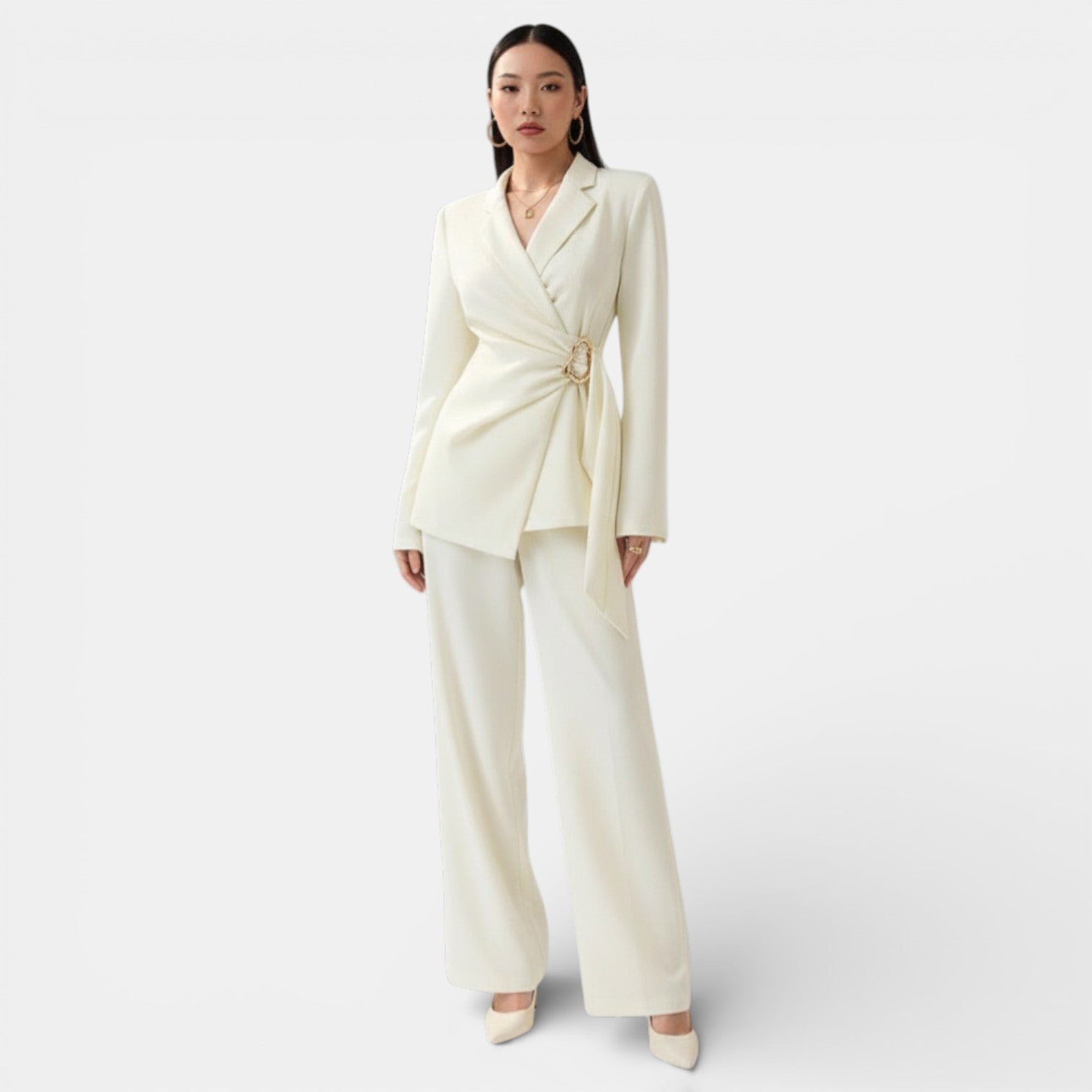 Elegant women's Lumina Wear Isabella tailored wrap blazer and wide-leg trousers suit, shown in a sophisticated, fitted style.