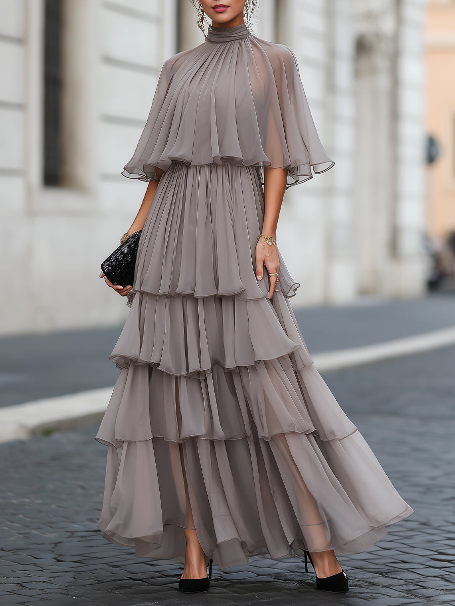Isabella | Elegant Tiered Pleated Maxi Dress with Sheer Cape Overlay - Lumina 0