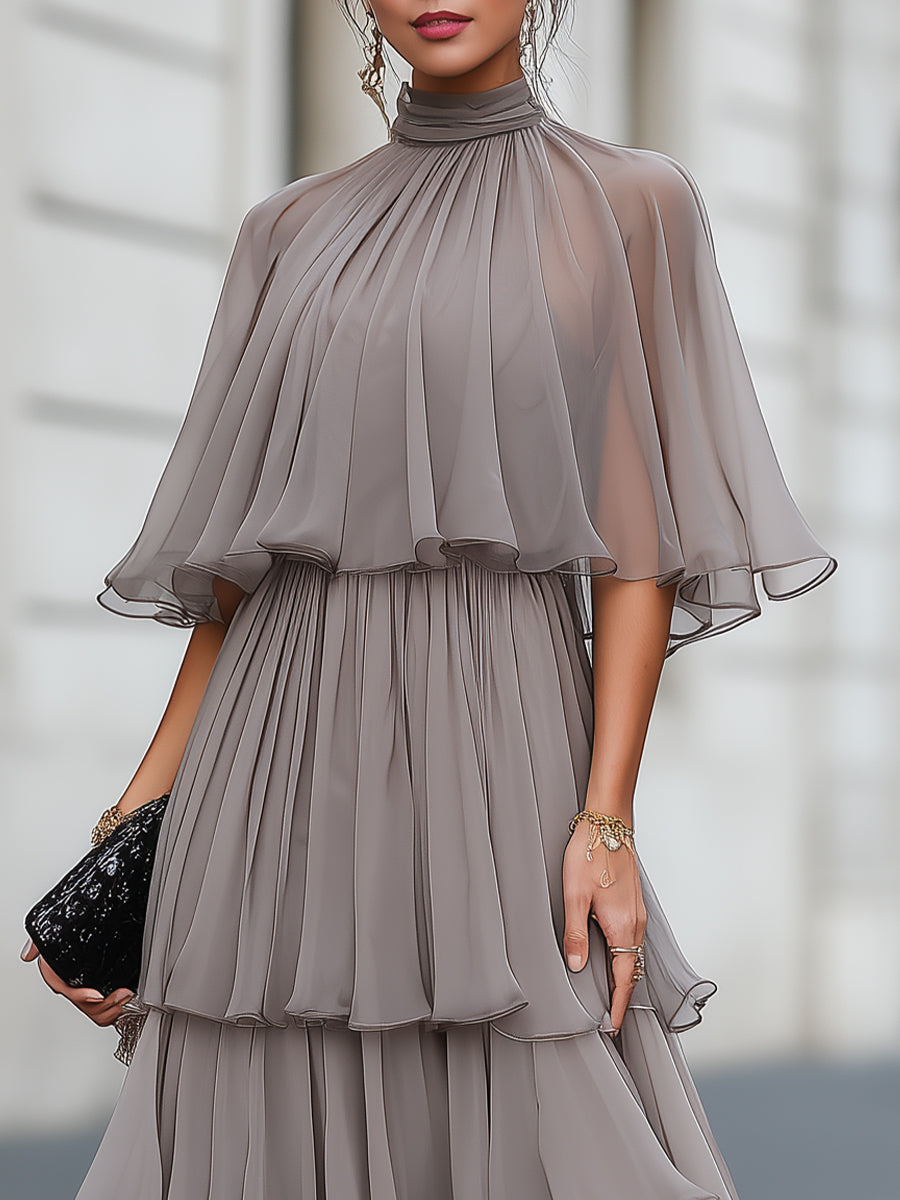 Isabella | Elegant Tiered Pleated Maxi Dress with Sheer Cape Overlay - Lumina 5
