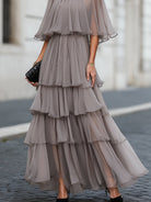 Isabella | Elegant Tiered Pleated Maxi Dress with Sheer Cape Overlay - Lumina 6