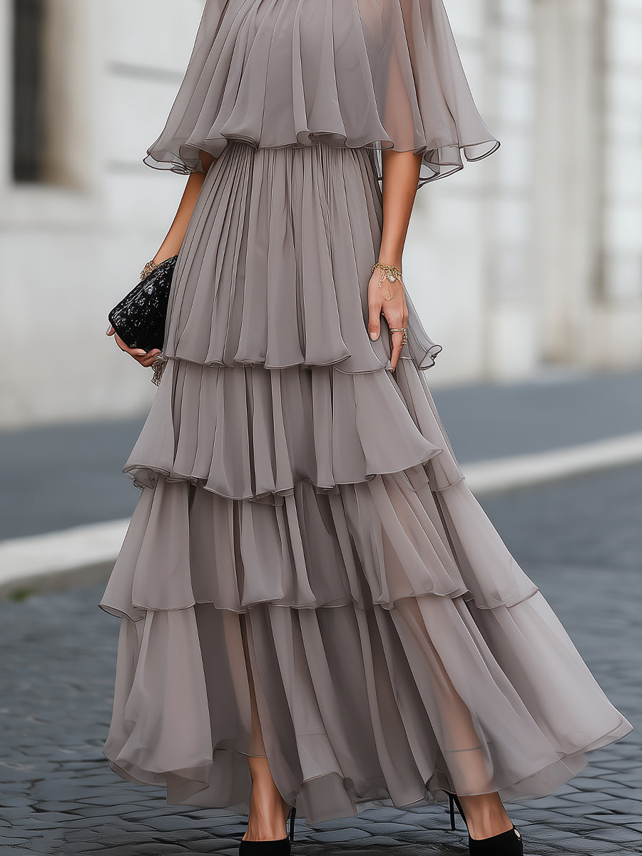 Isabella | Elegant Tiered Pleated Maxi Dress with Sheer Cape Overlay - Lumina 6