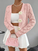 White crochet cardigan with floral buttons from Lumina Wear's Isabella collection, featuring elegant knit details and delicate button accents.