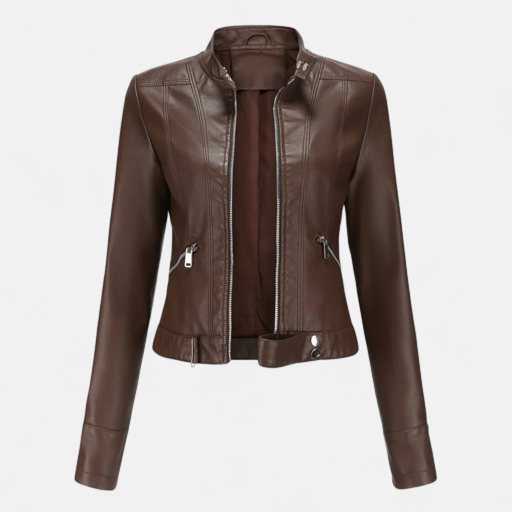 Isabella Lumina women's fitted vegan leather jacket with structured design and waist belt, showcasing a sleek, modern style.