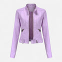 Isabella Lumina vegan leather fitted jacket with waist belt, structured design, showcasing a sleek, stylish silhouette.