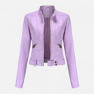 Isabella Lumina women's fitted structured vegan leather jacket with waist belt, black design, and stylish collar detail.