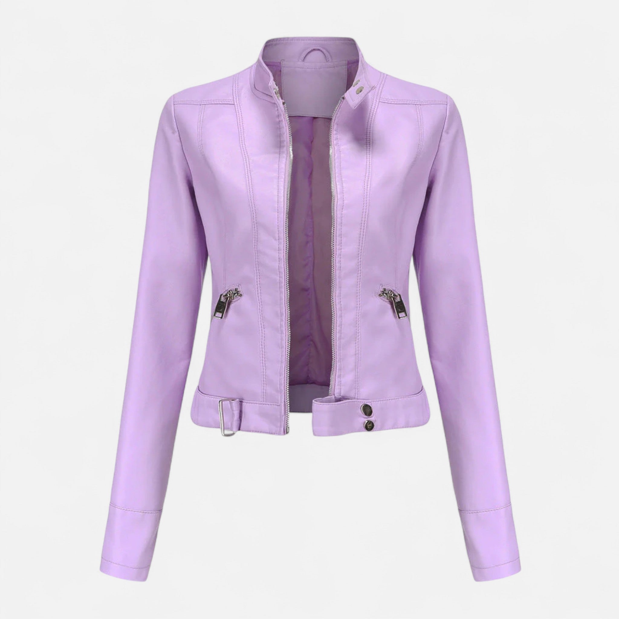 Isabella Lumina women's fitted structured vegan leather jacket with waist belt, black design, and stylish collar detail.