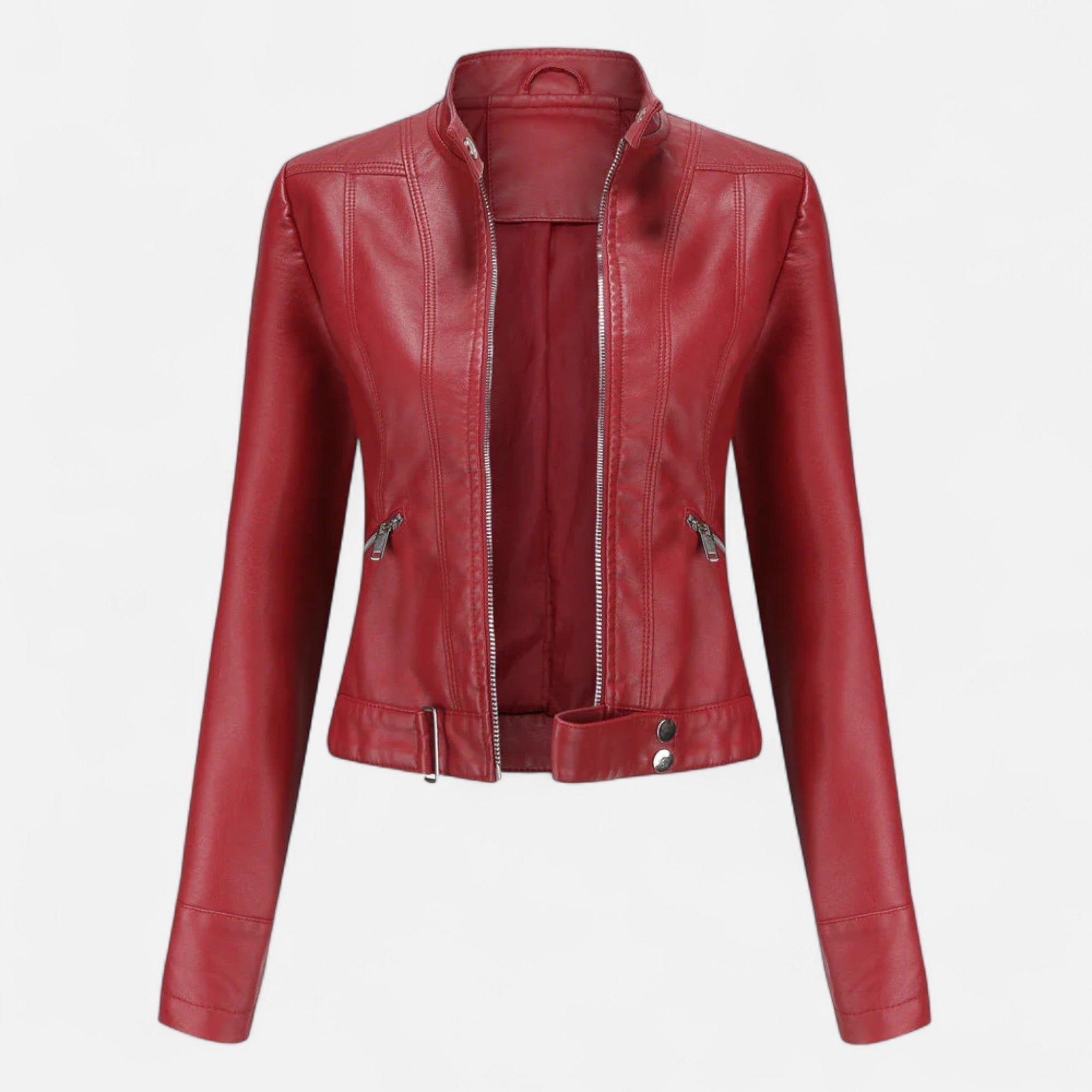Isabella women's fitted vegan leather jacket with waist belt, structured design, in black, by Lumina Wear.