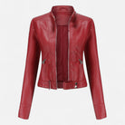 Isabella women's fitted vegan leather jacket with waist belt, structured design, in black, by Lumina Wear.