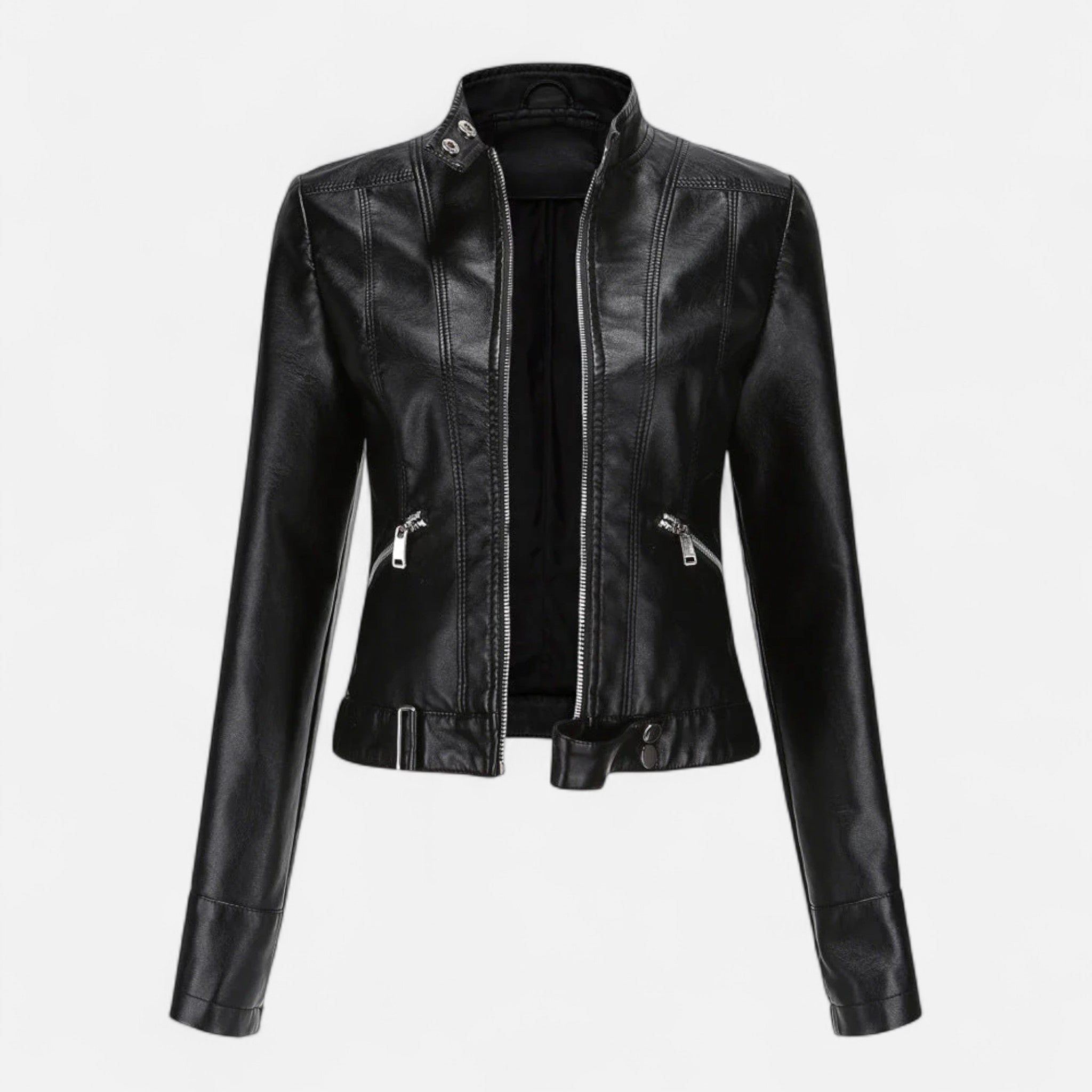 Isabella vegan leather fitted jacket with waist belt, structured design, in black, worn by a woman with stylish accessories.
