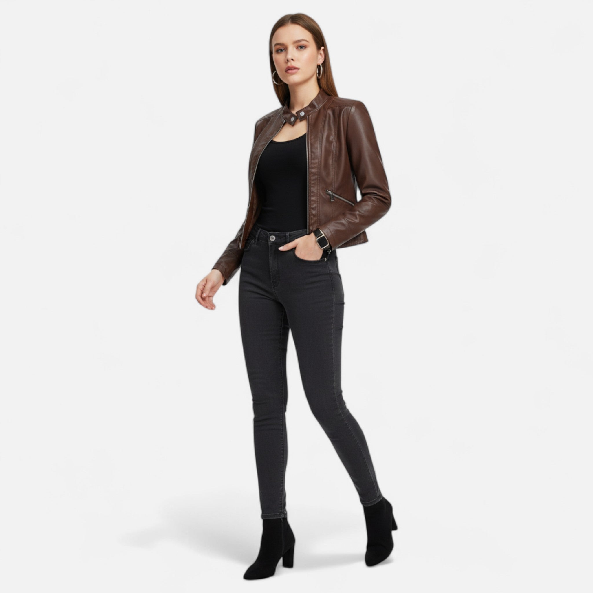 Isabella Lumina women's fitted vegan leather jacket with structured design and waist belt, black, stylish outerwear.