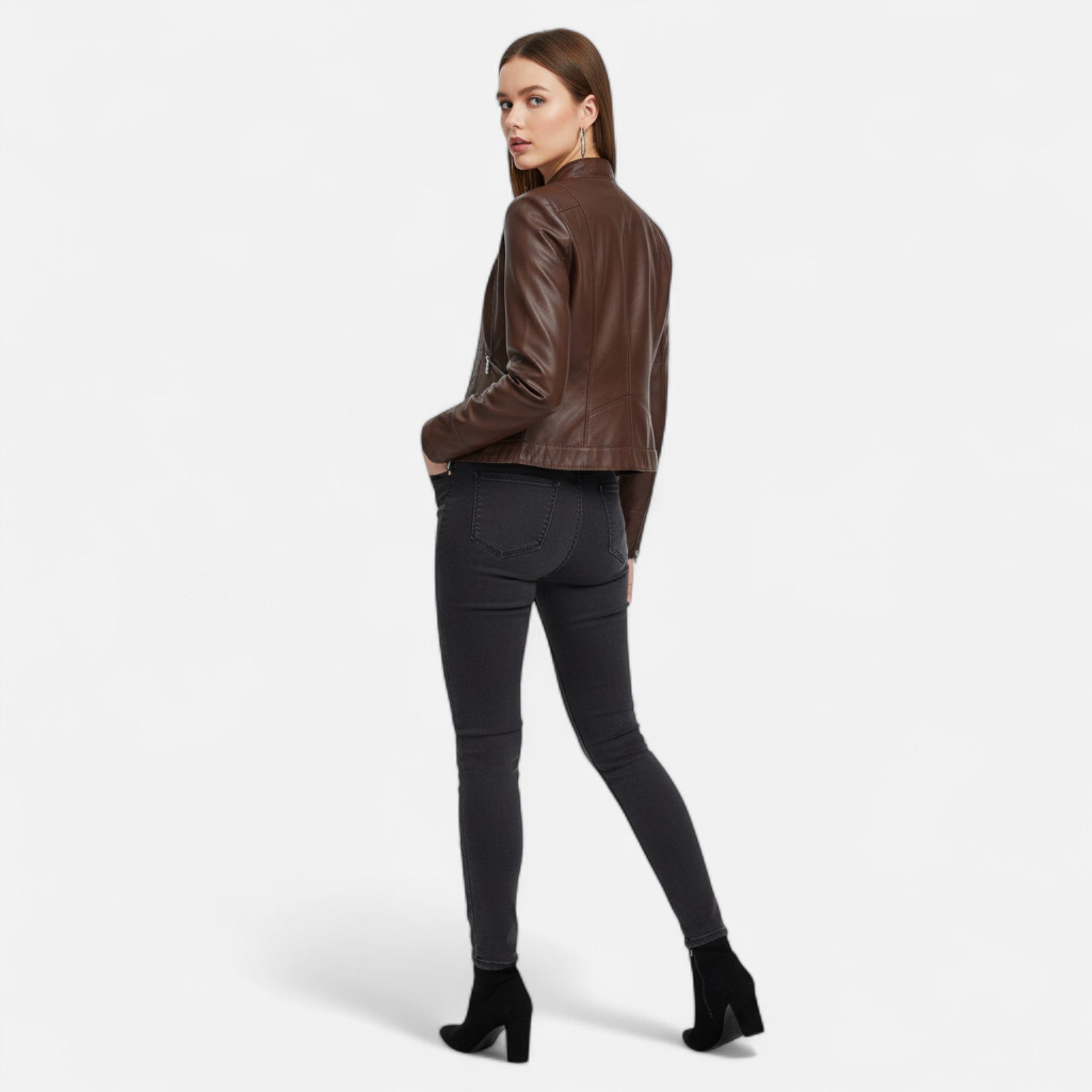 Isabella Lumina women's fitted structured vegan leather jacket with waist belt, featuring a sleek design and stylish details.
