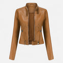Isabella Lumina vegan leather fitted structured jacket with waist belt, stylish and tailored for a modern look.