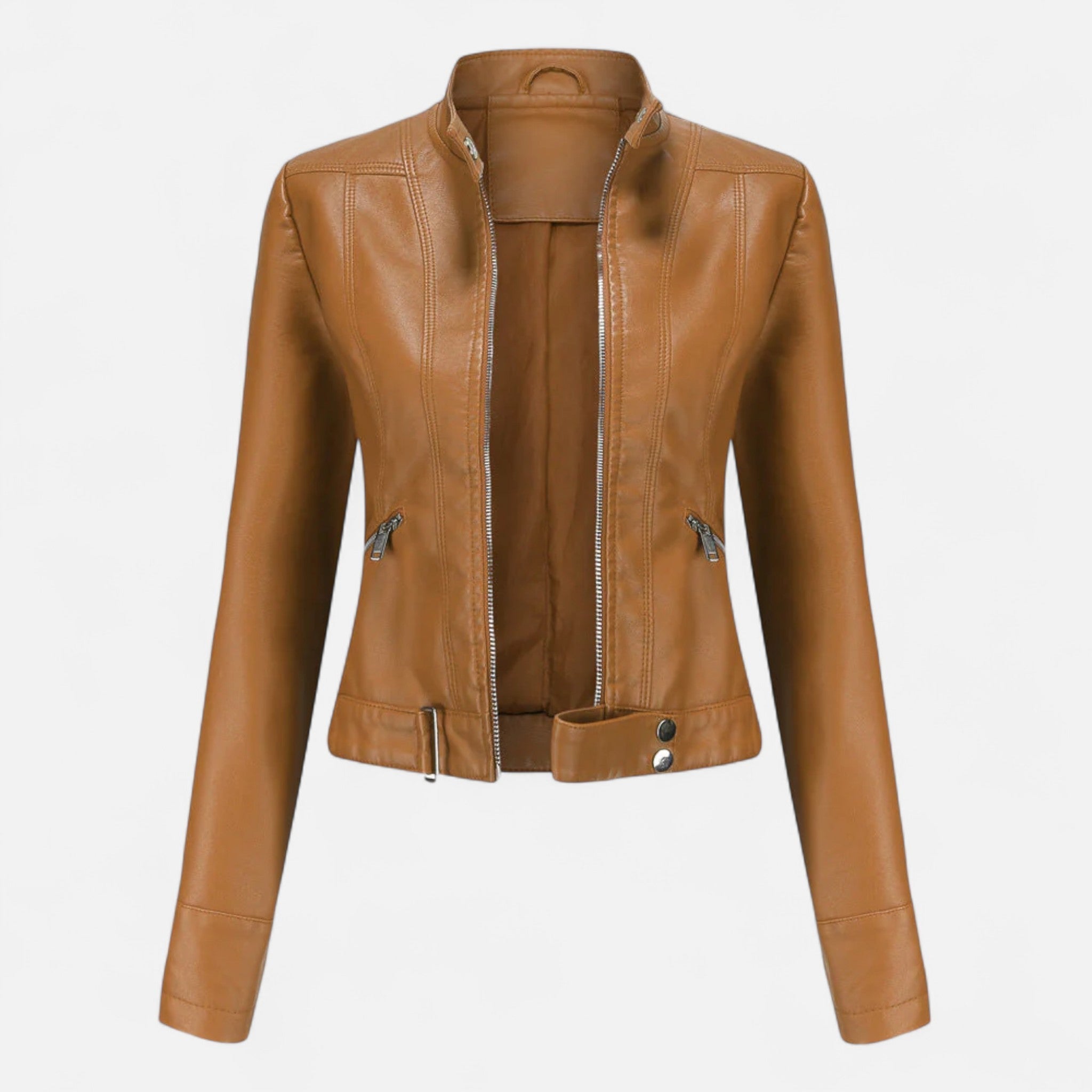 Isabella vegan leather fitted jacket with waist belt from Lumina Wear, featuring structured design and sleek black finish.