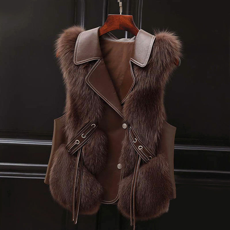 Lumina Wear Isabella fluffy lapel collar waist tie vest with faux fur trim, stylish layering piece for cold weather.