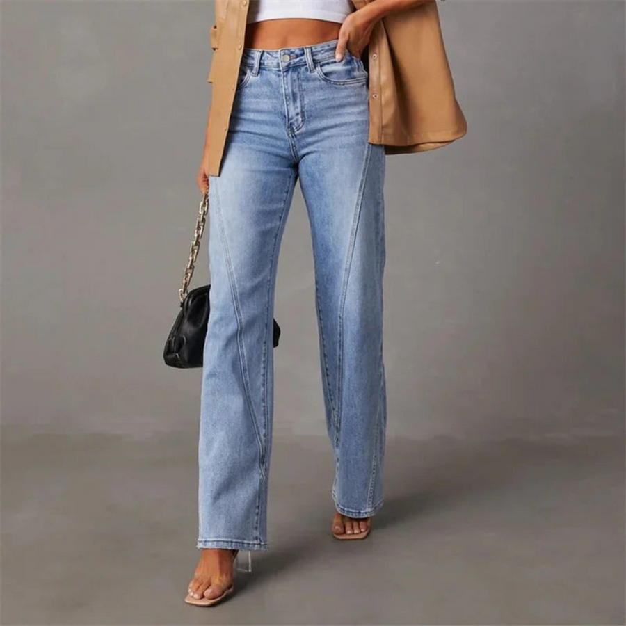 High-waisted black straight-leg jeans with front seam detail from Lumina Wear's Isabella collection.
