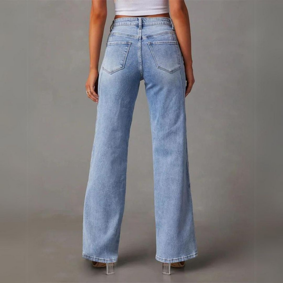 High-waisted black straight-leg jeans with front seam detail from Lumina Wear's Isabella collection.
