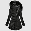 Lumina Wear Isabella hooded plush-lined shaped puffer coat with dual-zip closure, shown in a cozy, quilted design.