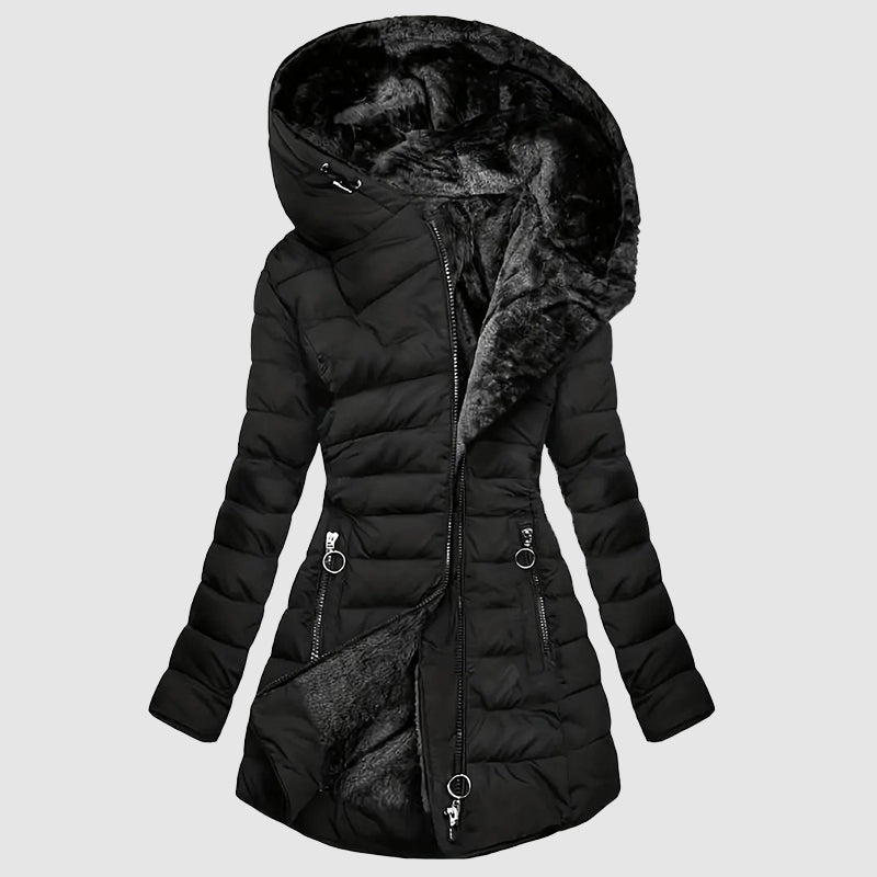 Isabella Lumina hooded plush-lined shaped puffer coat with dual-zip closure, featuring a cozy design for cold weather.