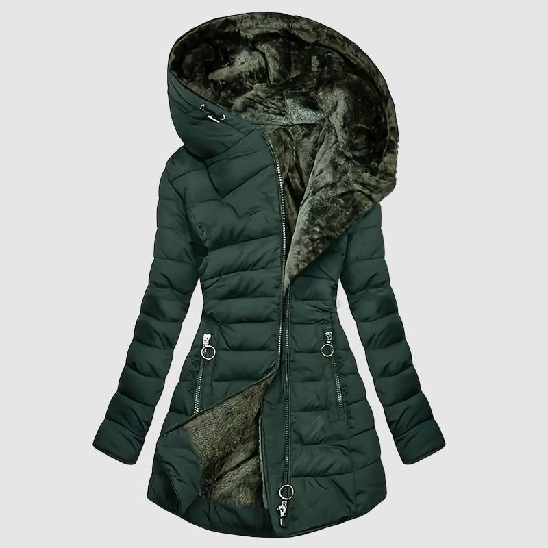 Lumina Wear Isabella hooded plush-lined shaped puffer coat with dual-zip closure, displayed on a hanger.