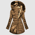 Isabella Lumina Wear hooded plush-lined shaped puffer coat with dual-zip closure, shown in a cozy, stylish winter jacket.