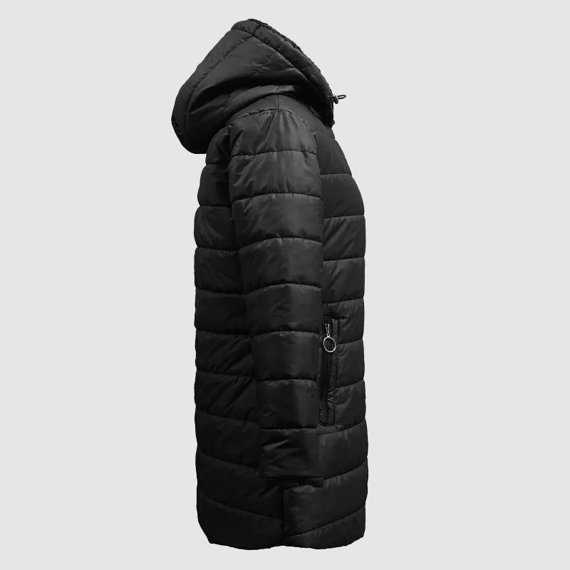 Lumina Wear Isabella hooded plush-lined shaped puffer coat with dual-zip closure, shown in a stylish winter jacket image.